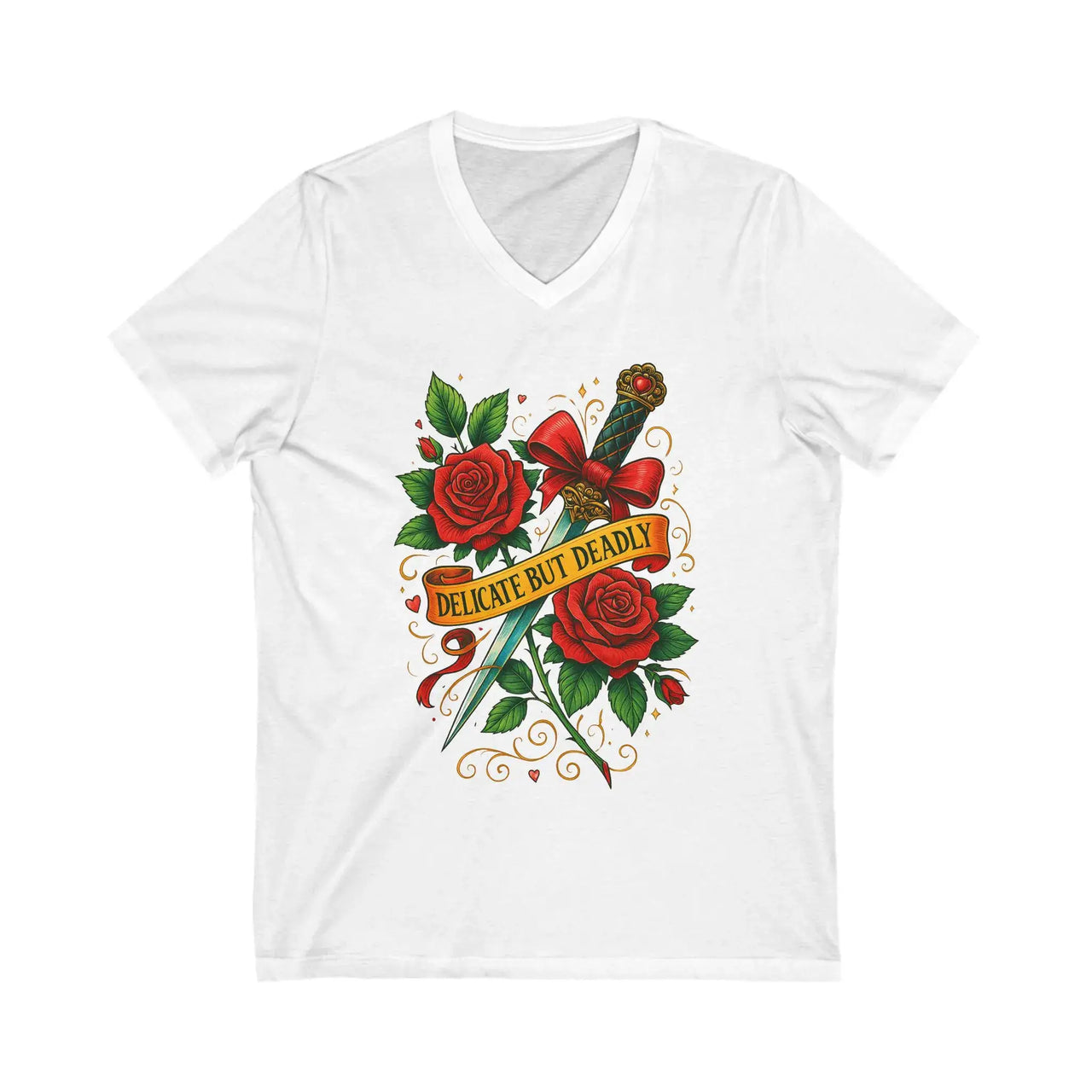White t-shirt with a design of roses, a dagger, and text on a white background