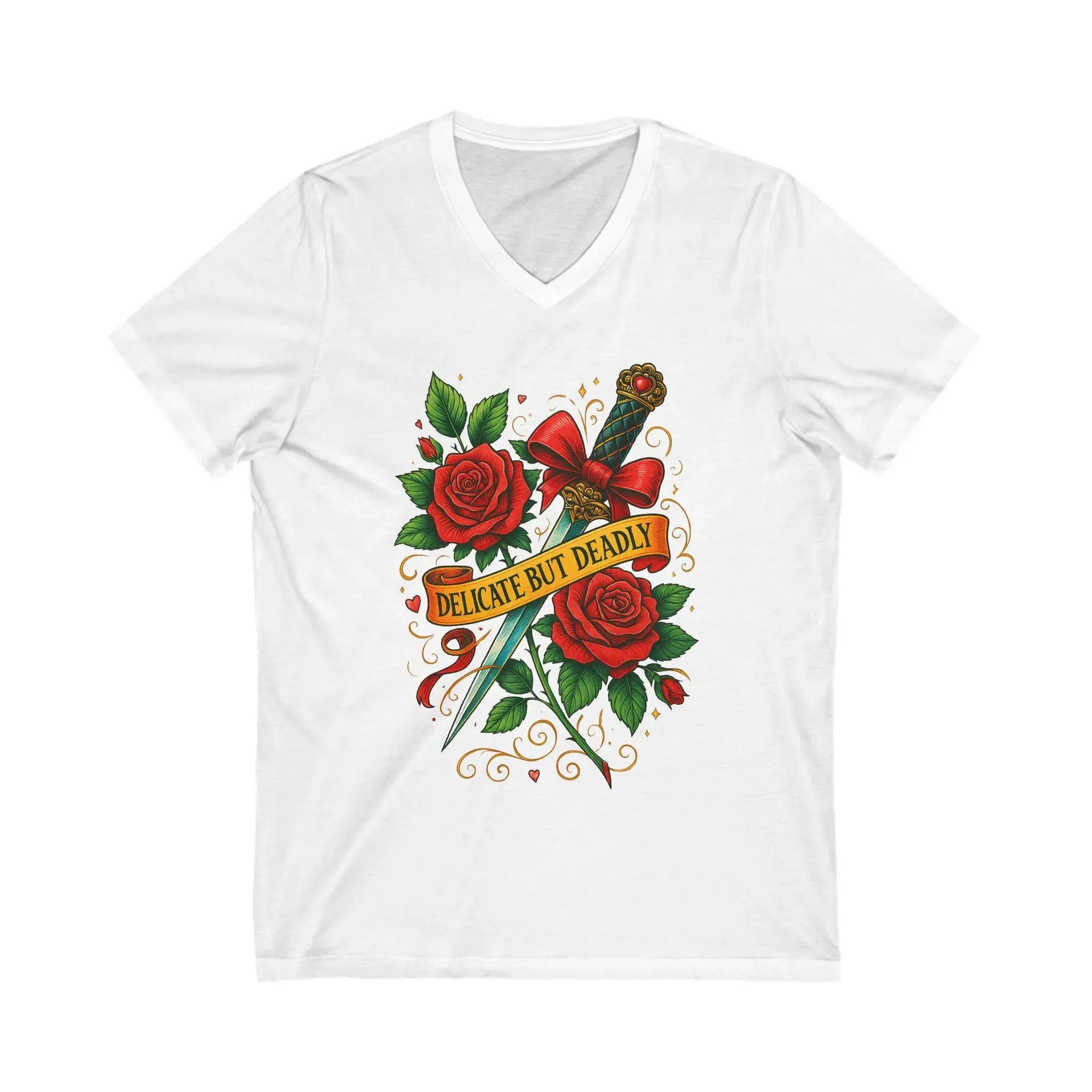 White t-shirt with a design of roses, a dagger, and text on a white background