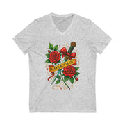 Gray V-neck t-shirt with a sword and roses design on a white background