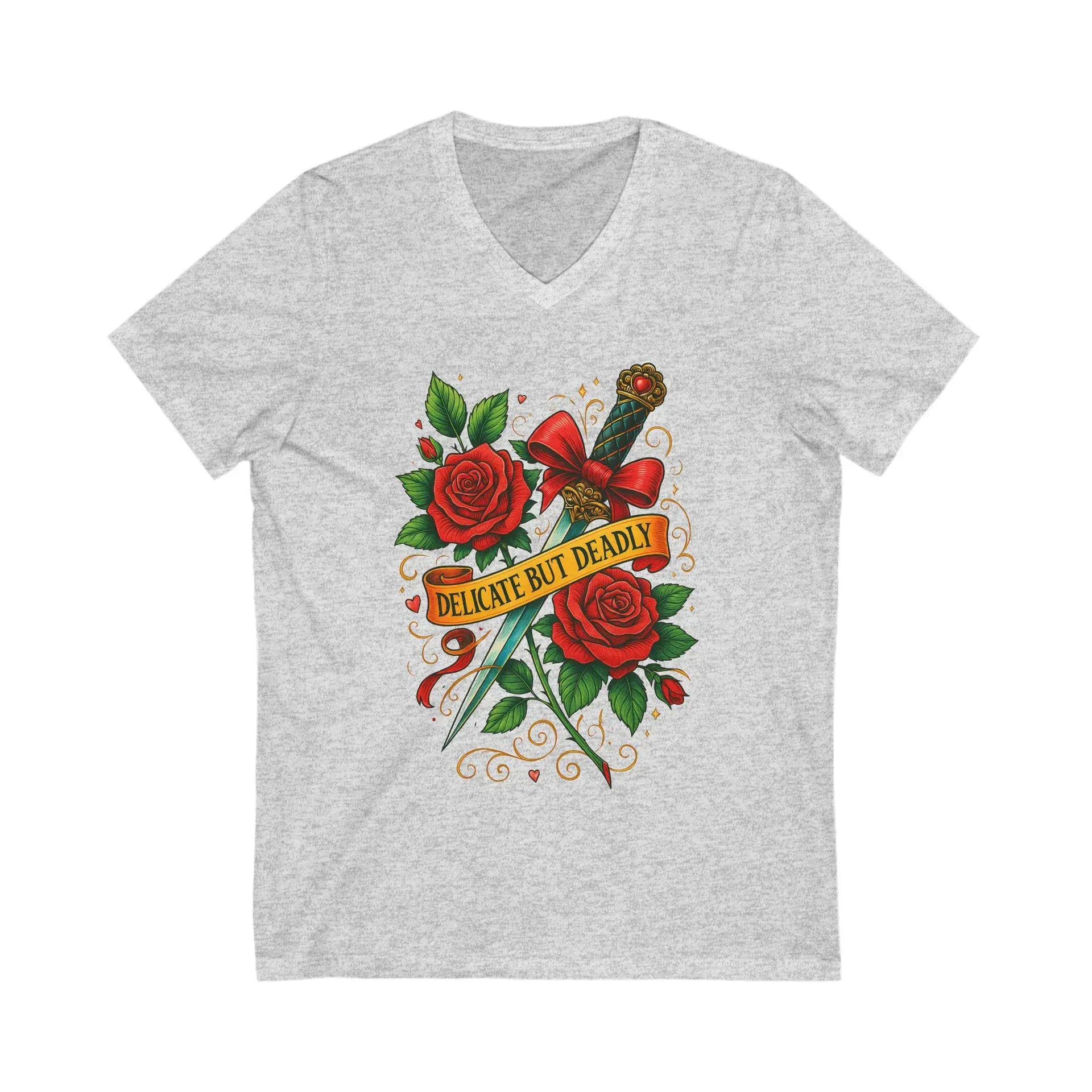 Gray V-neck t-shirt with a sword and roses design on a white background
