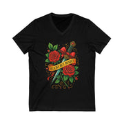 Black t-shirt with red roses and a dagger design on a white background
