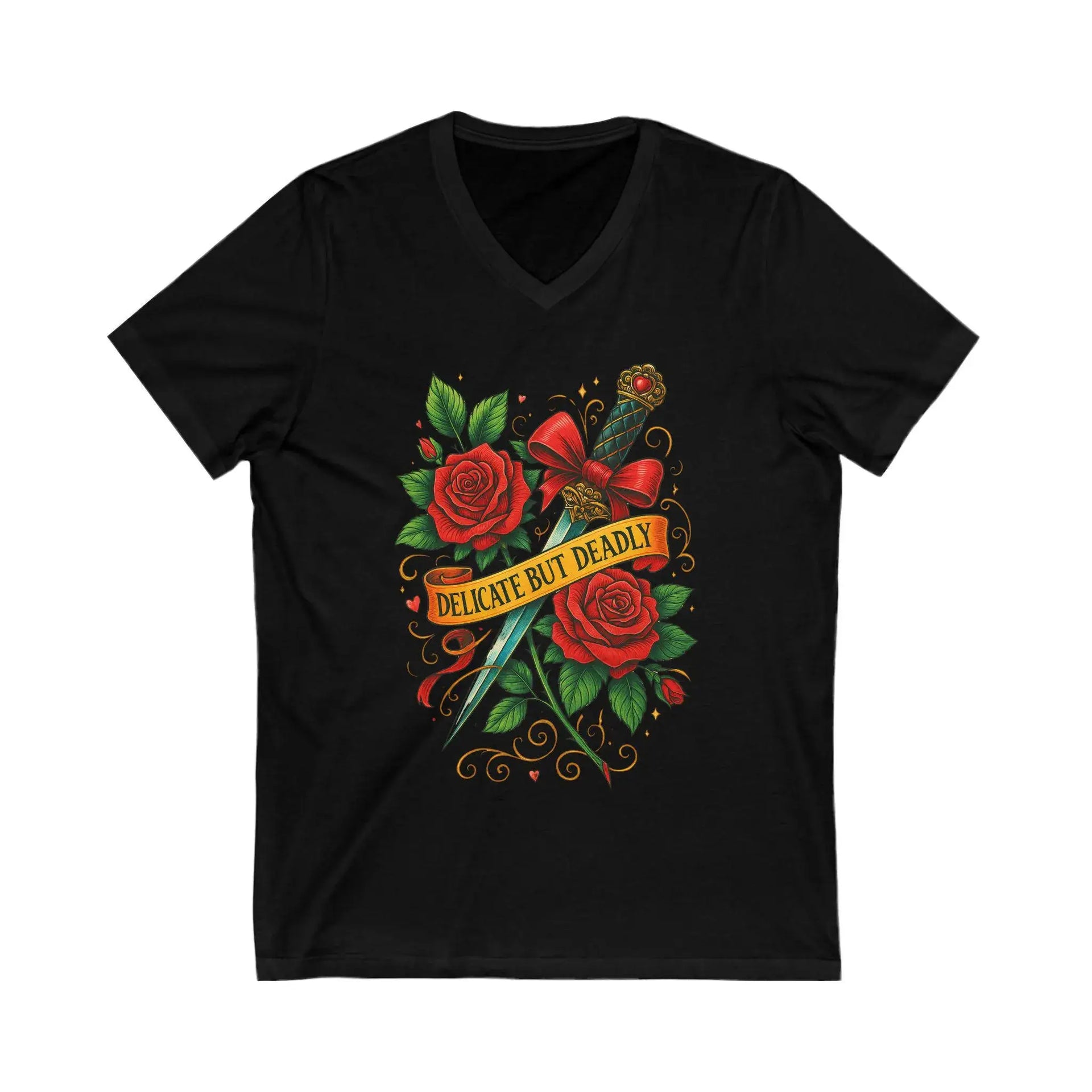 Black t-shirt with red roses and a dagger design on a white background