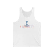 White tank top with 'Serenity' logo on a white background