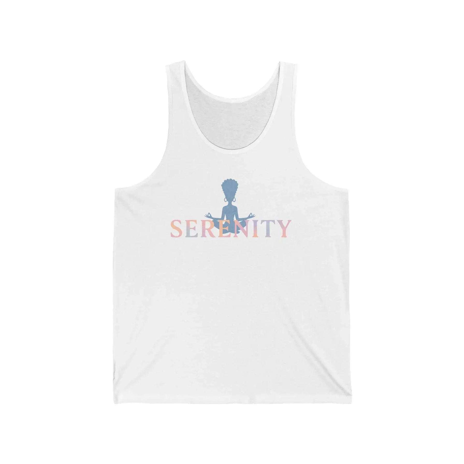 White tank top with 'Serenity' logo on a white background