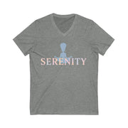 Gray t-shirt with 'Serenity' text and silhouette design on a white background