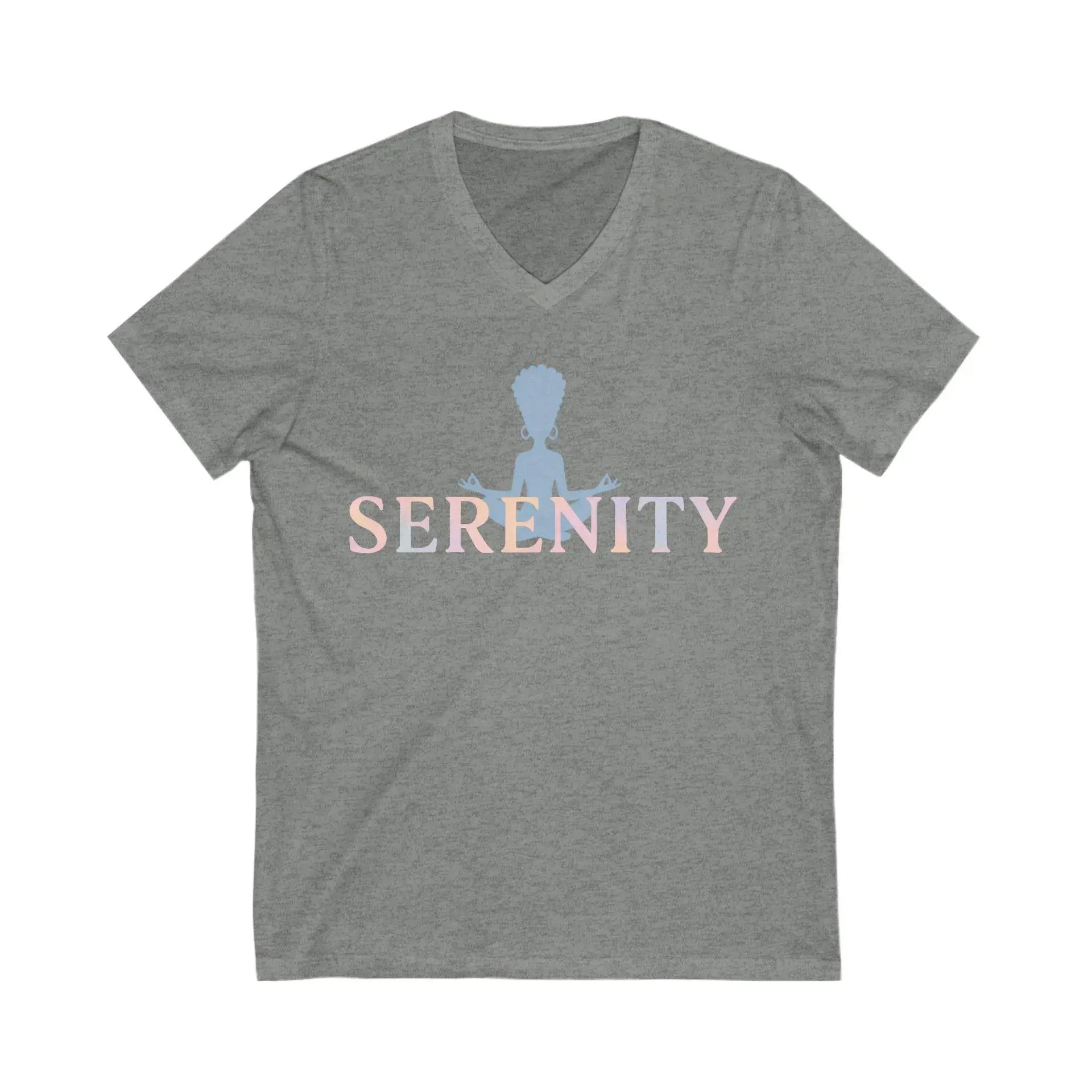 Gray t-shirt with 'Serenity' text and silhouette design on a white background