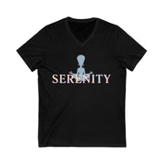 Black t-shirt with 'Serenity' text and silhouette design on a white background