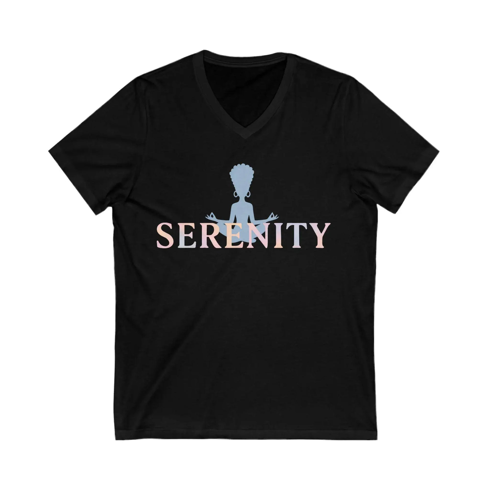 Black t-shirt with 'Serenity' text and silhouette design on a white background