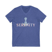 Blue t-shirt with 'Serenity' text and silhouette design on a white background