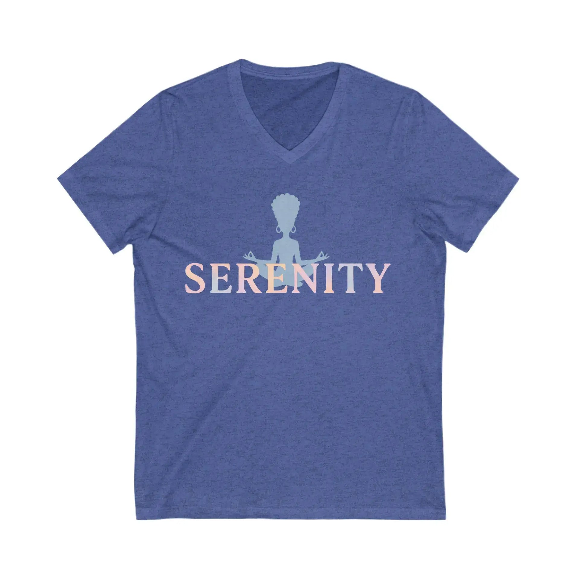 Blue t-shirt with 'Serenity' text and silhouette design on a white background