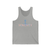 Gray tank top with 'Serenity' text and logo on a white background