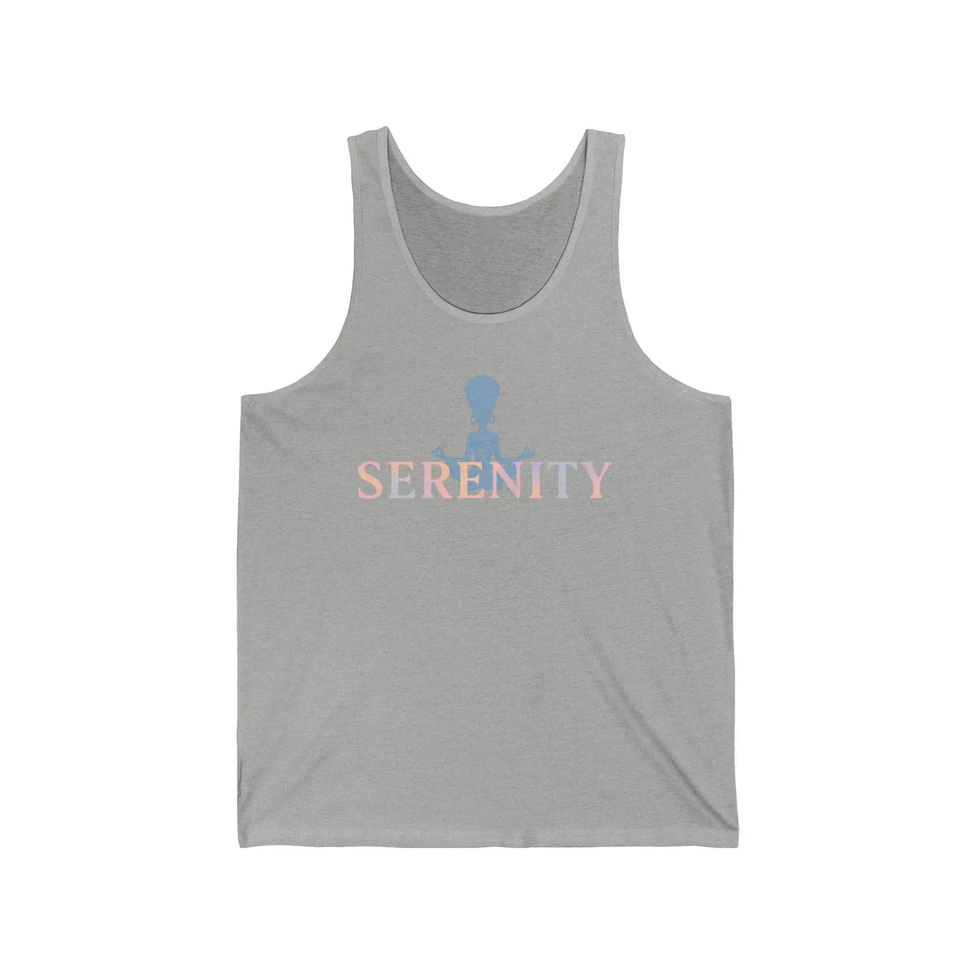 Gray tank top with 'Serenity' text and logo on a white background
