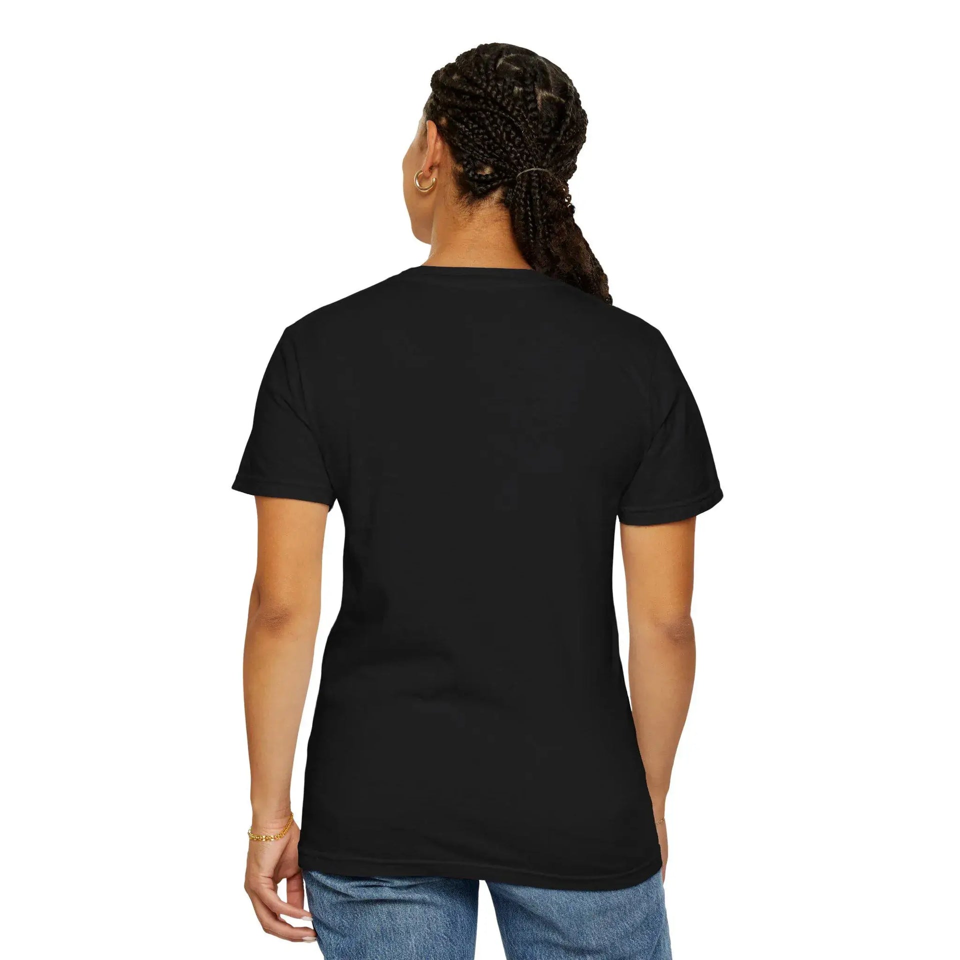 Person wearing a black t-shirt on a white background