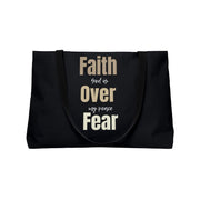 Black bag with motivational quote 'Faith is over my peace fear' on a white background