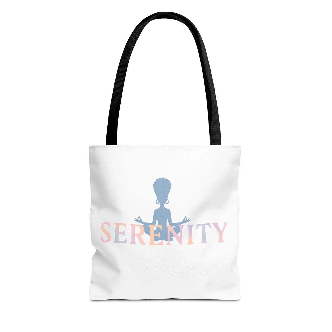 White tote bag with 'Serenity' text and a silhouette of a person in a meditative pose on a white background.