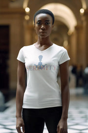 Person wearing a white t-shirt with a logo and text in an indoor setting
