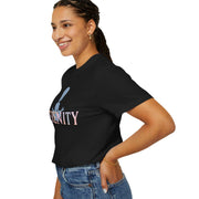Woman wearing a black t-shirt with text and graphics on a white background