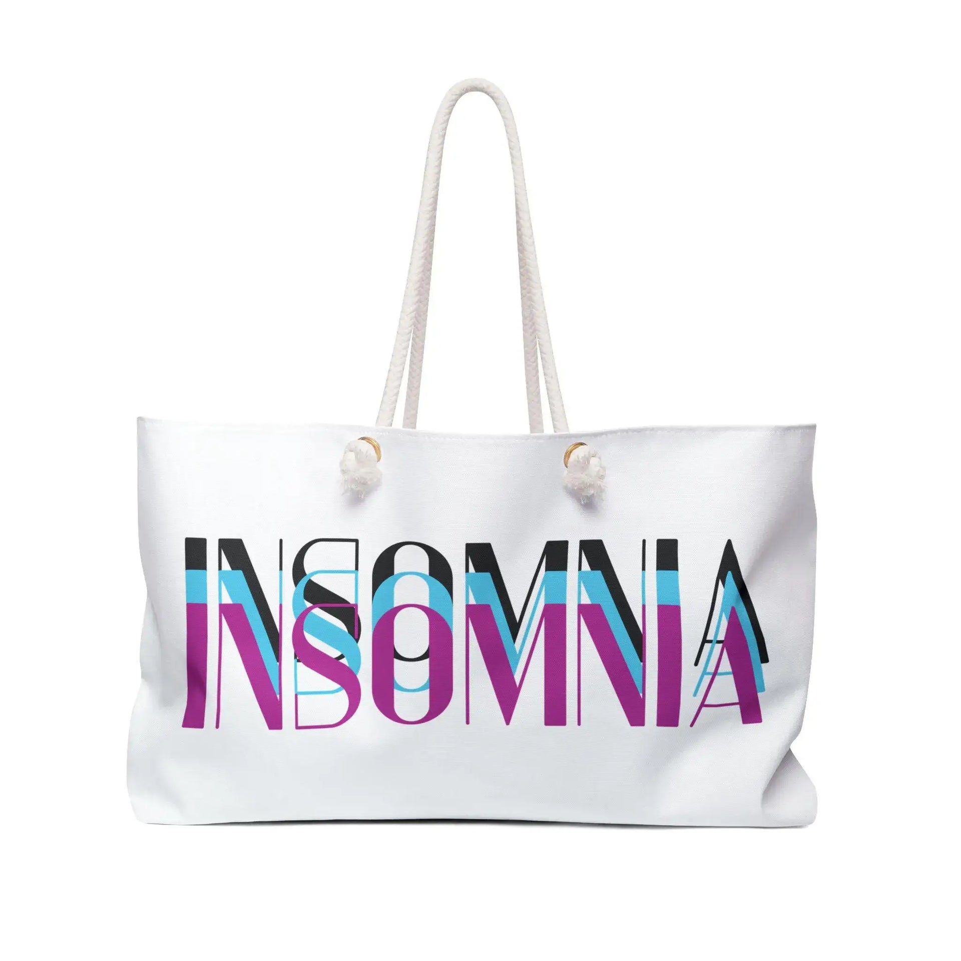 White tote bag with 'INSOMNIA' text in colorful letters on a white background