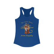 Blue tank top with graphic design and text on a white background