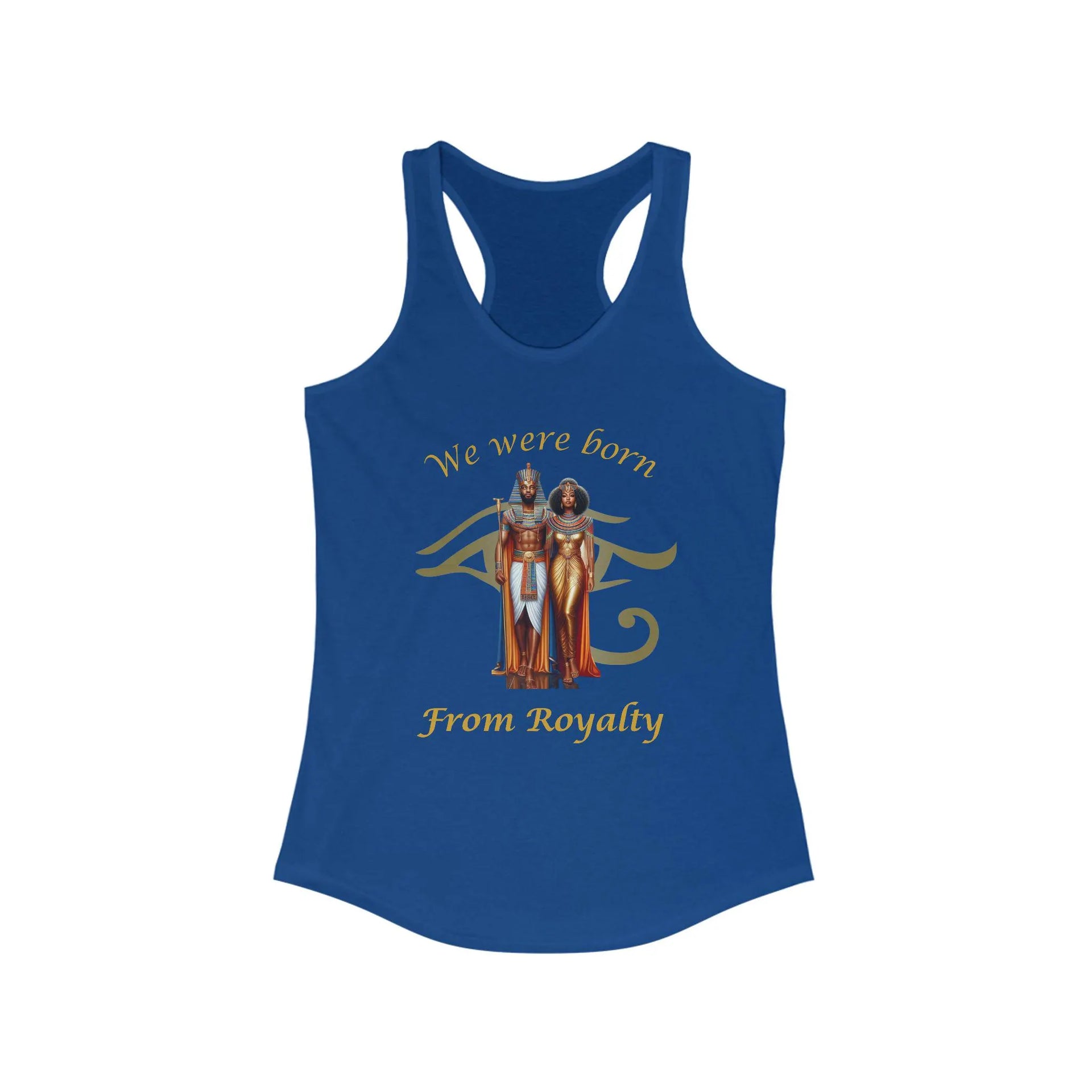 Blue tank top with graphic design and text on a white background