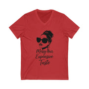 Red t-shirt with a graphic of a woman's face and text 'Messy Hair Expensive Taste' on a white background