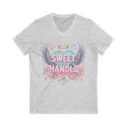 Gray t-shirt with a colorful graphic design on a white background