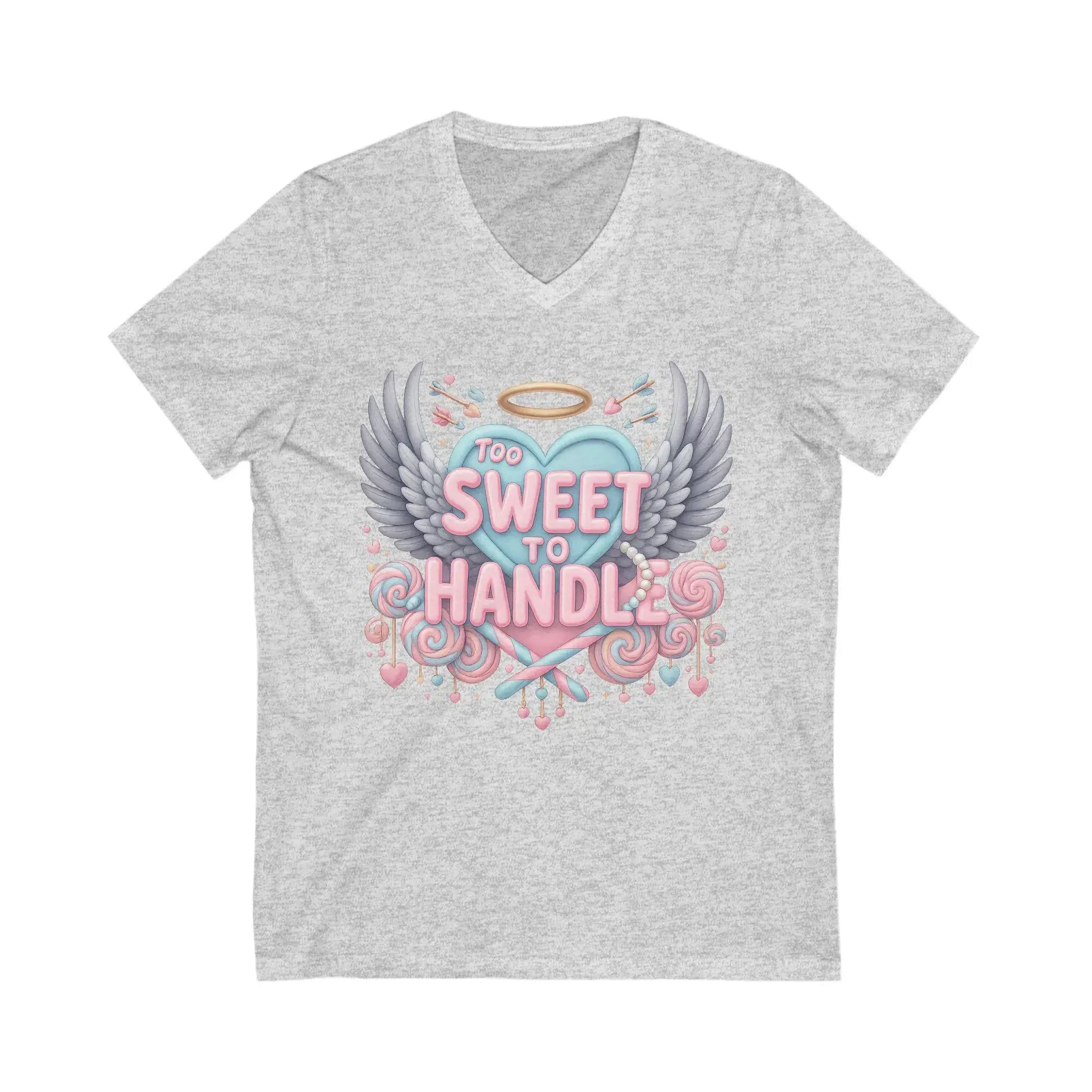 Gray t-shirt with a colorful graphic design on a white background