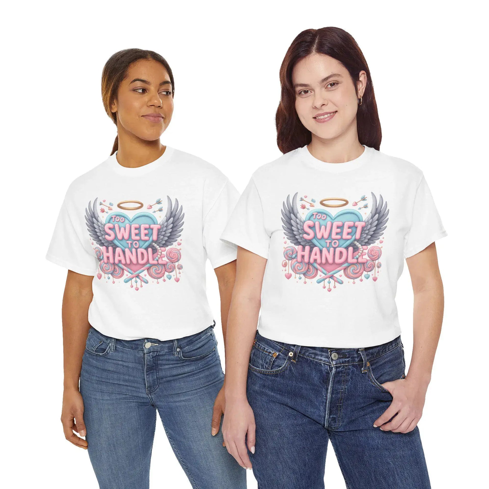 Two women wearing white t-shirts with a graphic design and text.