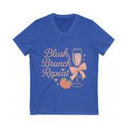Blue t-shirt with 'Blush, Brunch, Repeat' text and graphics on a white background