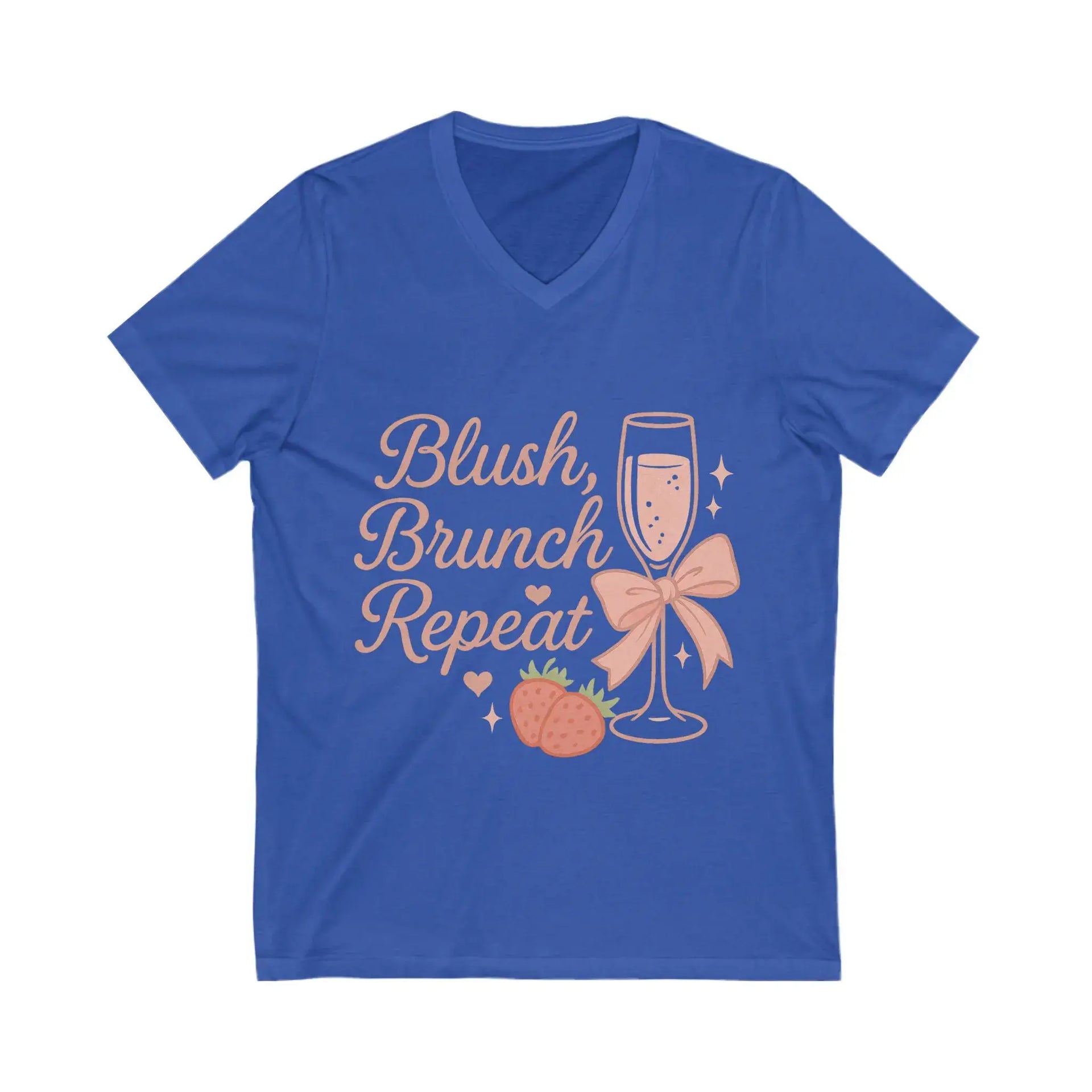 Blue t-shirt with 'Blush, Brunch, Repeat' text and graphics on a white background