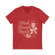 Red t-shirt with 'Blush, Brunch, Repeat' text and graphics on a white background