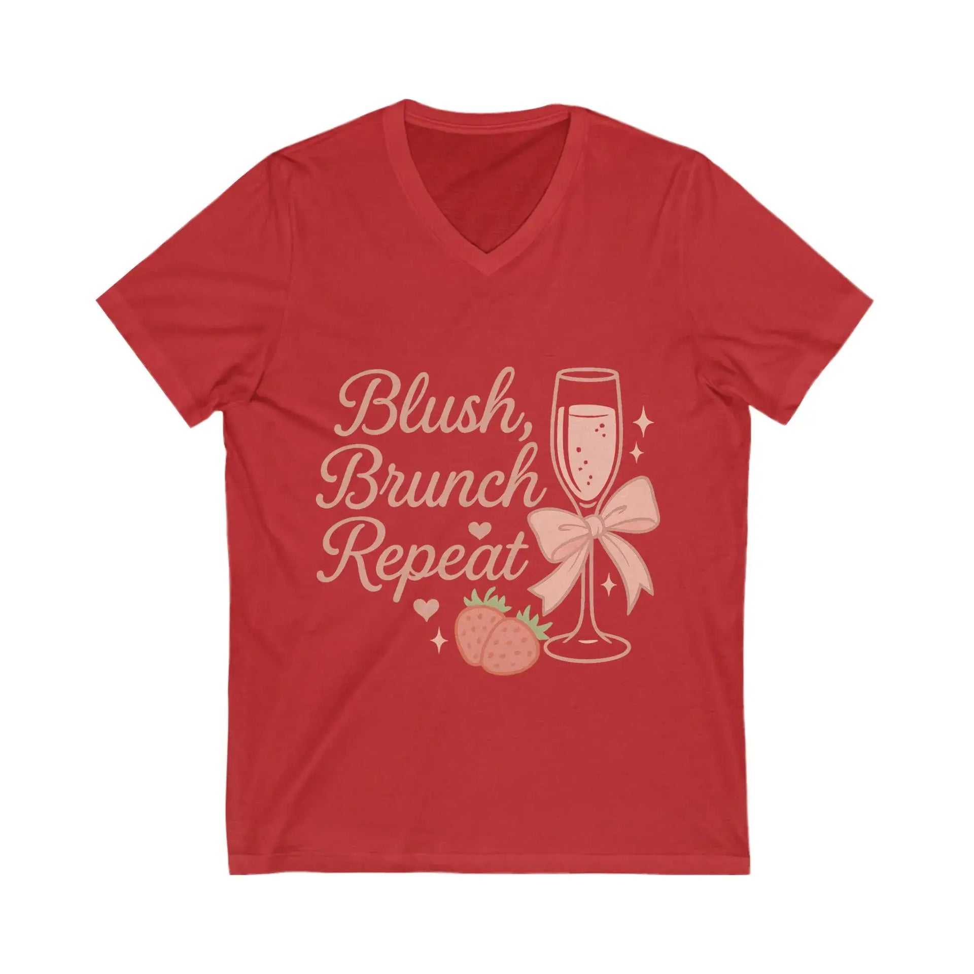 Red t-shirt with 'Blush, Brunch, Repeat' text and graphics on a white background