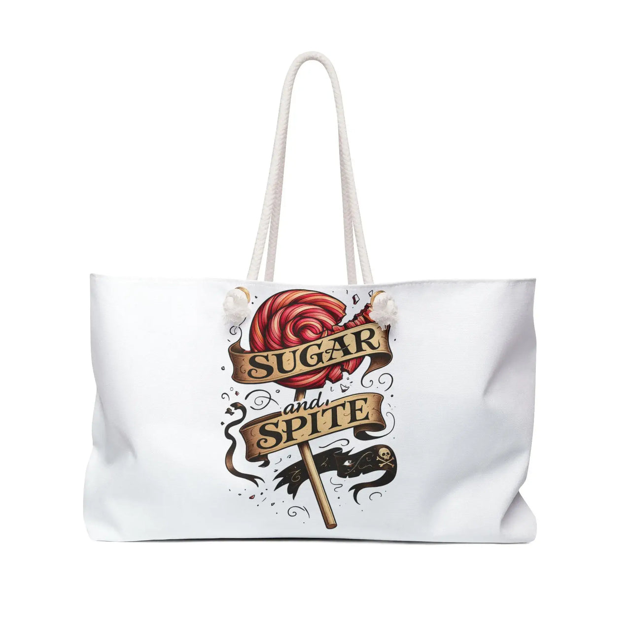 White tote bag with 'Sugar and Spite' design on a white background