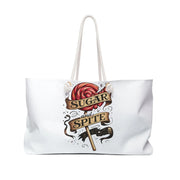 White tote bag with 'Sugar and Spite' design on a white background