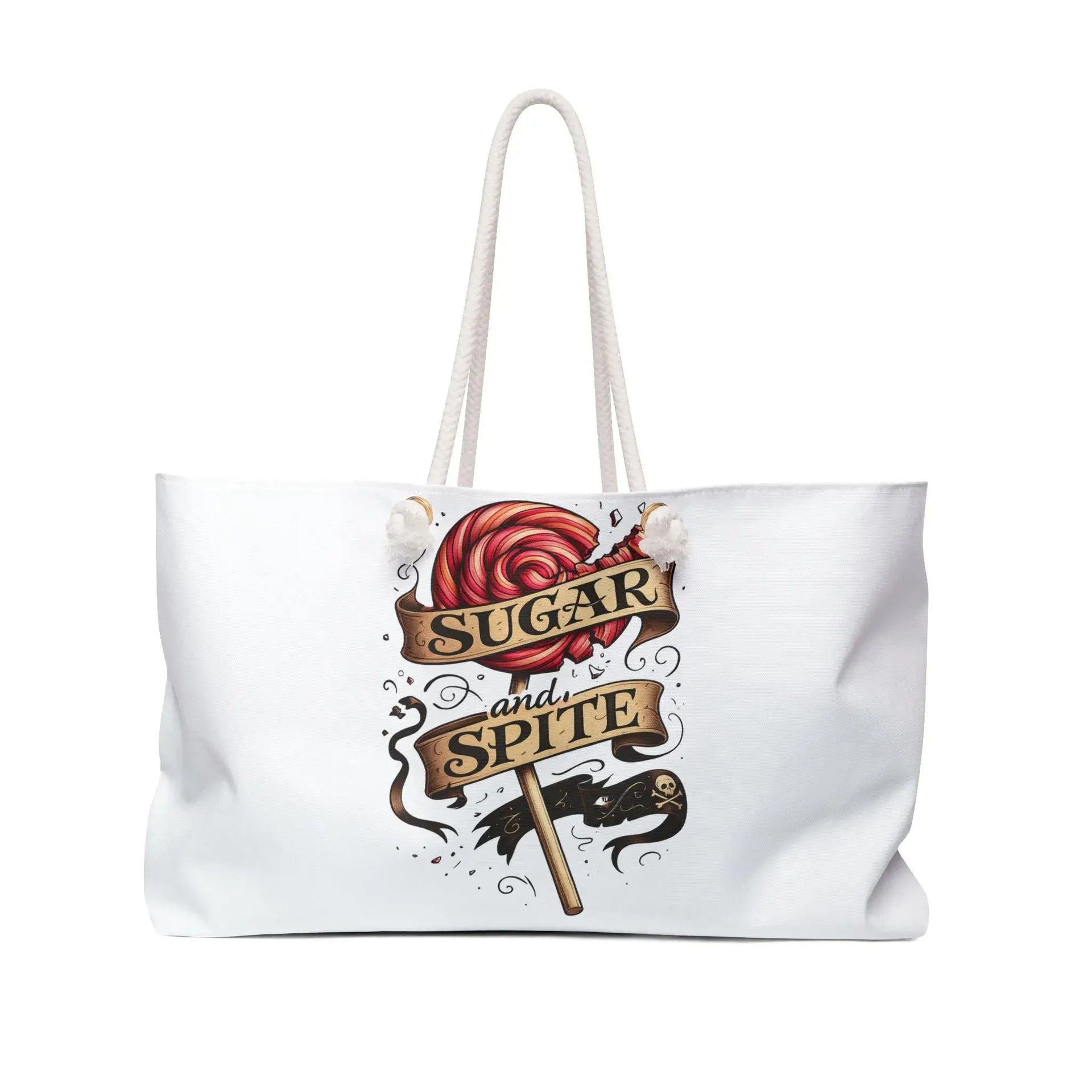 White tote bag with 'Sugar and Spite' design on a white background