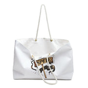 White tote bag with a design and text on a white background
