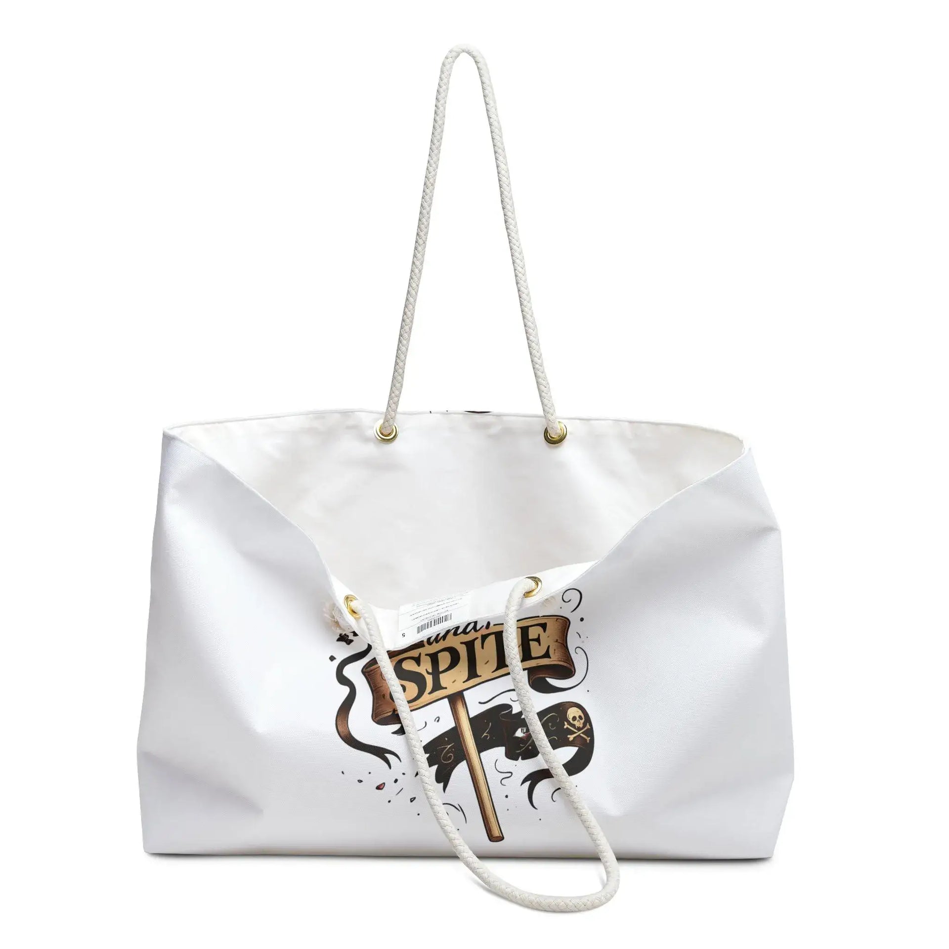 White tote bag with a design and text on a white background