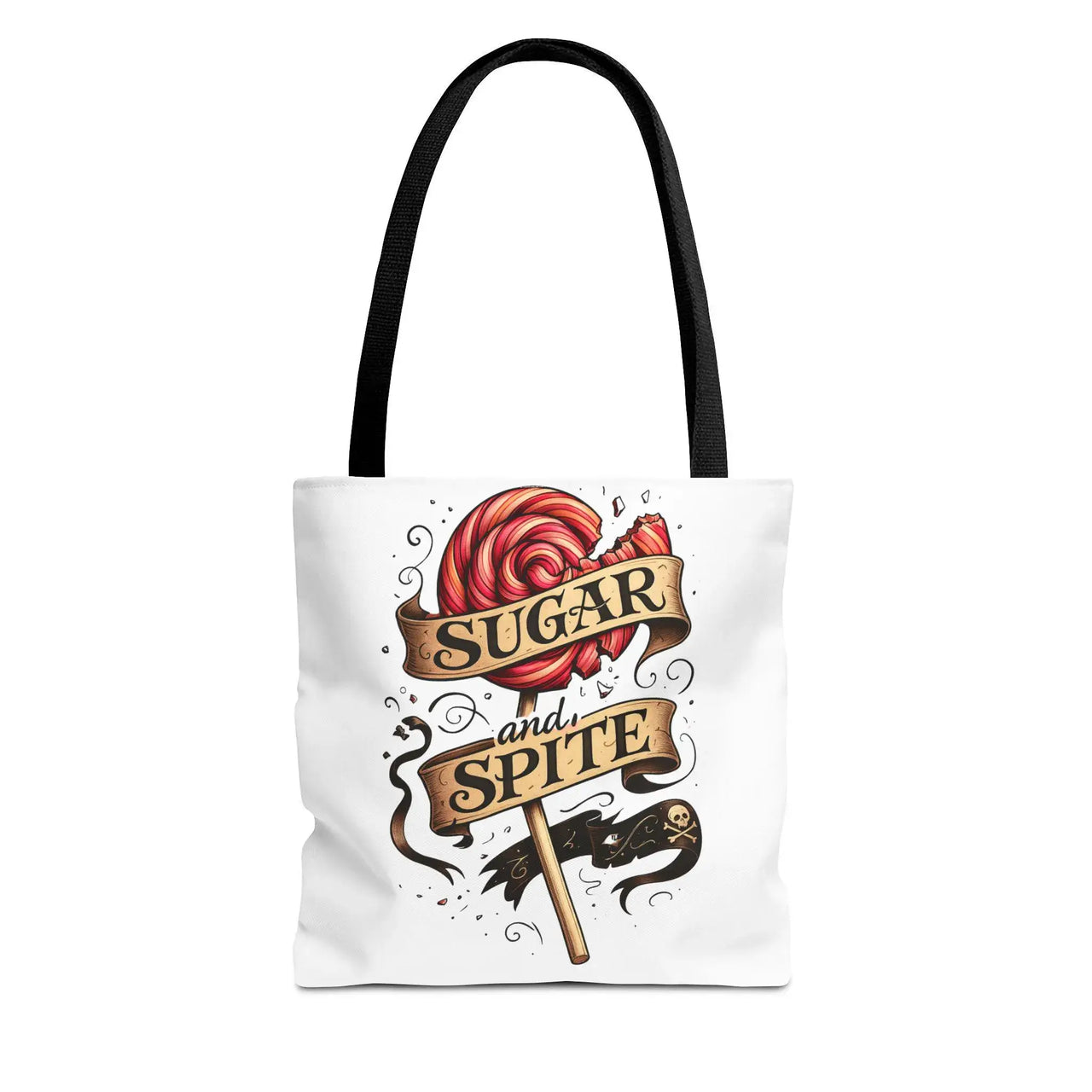 Tote bag with a candy-themed design and text on a white background