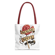 Tote bag with a candy-themed design and text on a white background