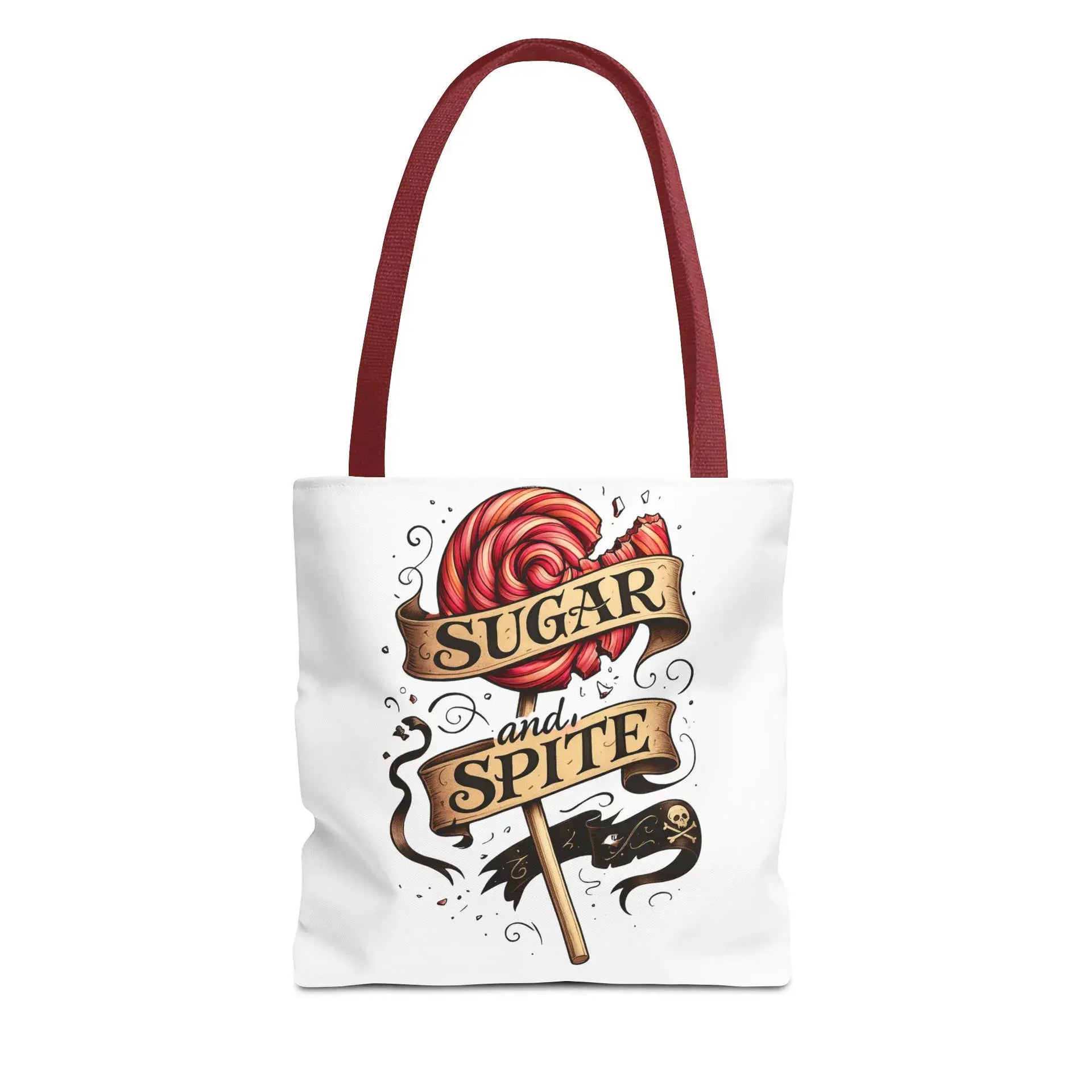 Tote bag with a candy-themed design and text on a white background