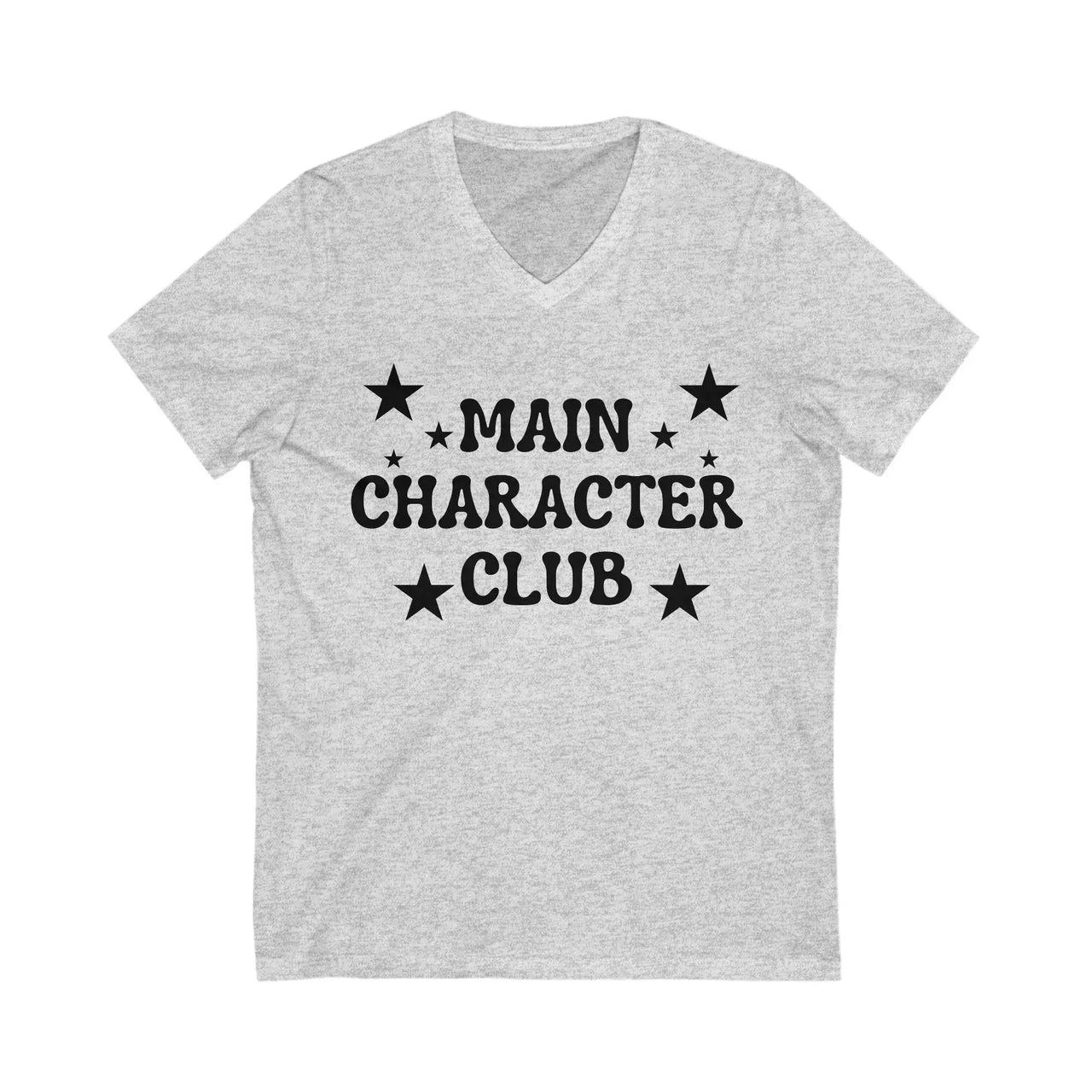 Gray t-shirt with 'Main Character Club' text and stars on a white background