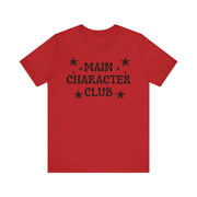 Red t-shirt with 'MAIN CHARACTER CLUB' text and stars on a white background