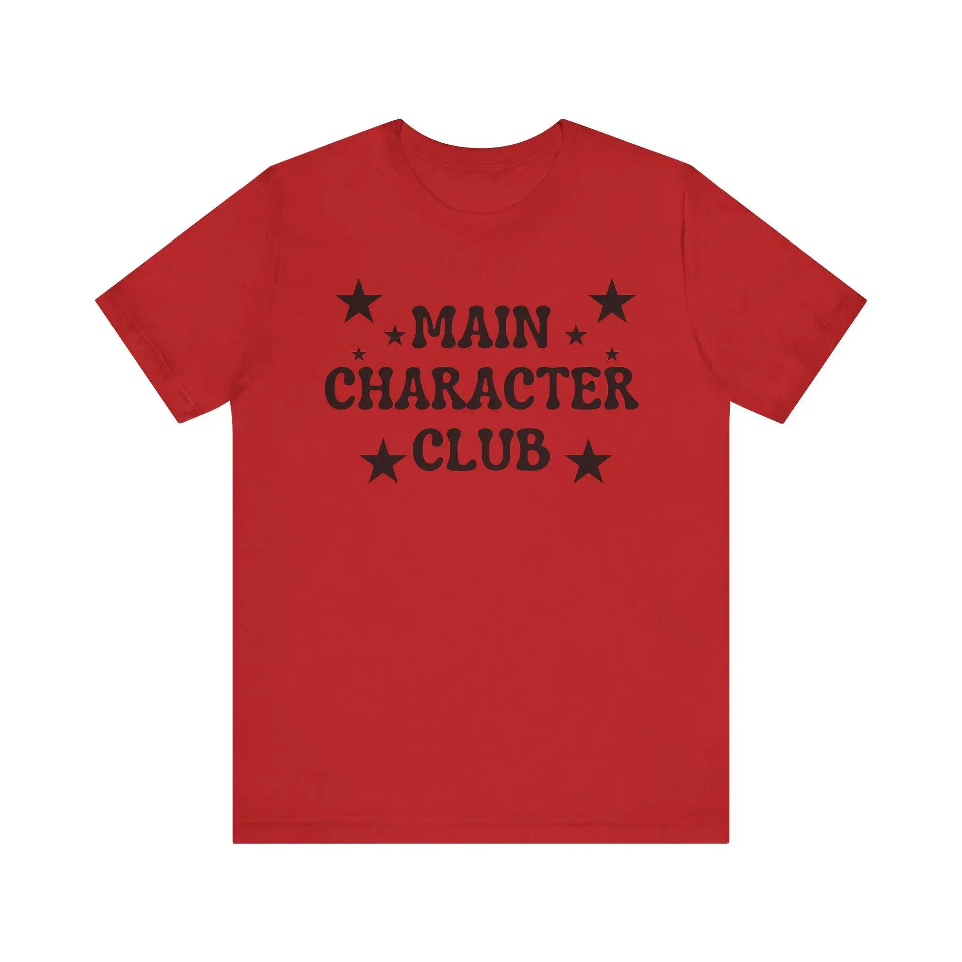 Red t-shirt with 'MAIN CHARACTER CLUB' text and stars on a white background