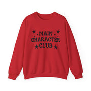 Red sweatshirt with 'MAIN CHARACTER CLUB' text and stars on a white background