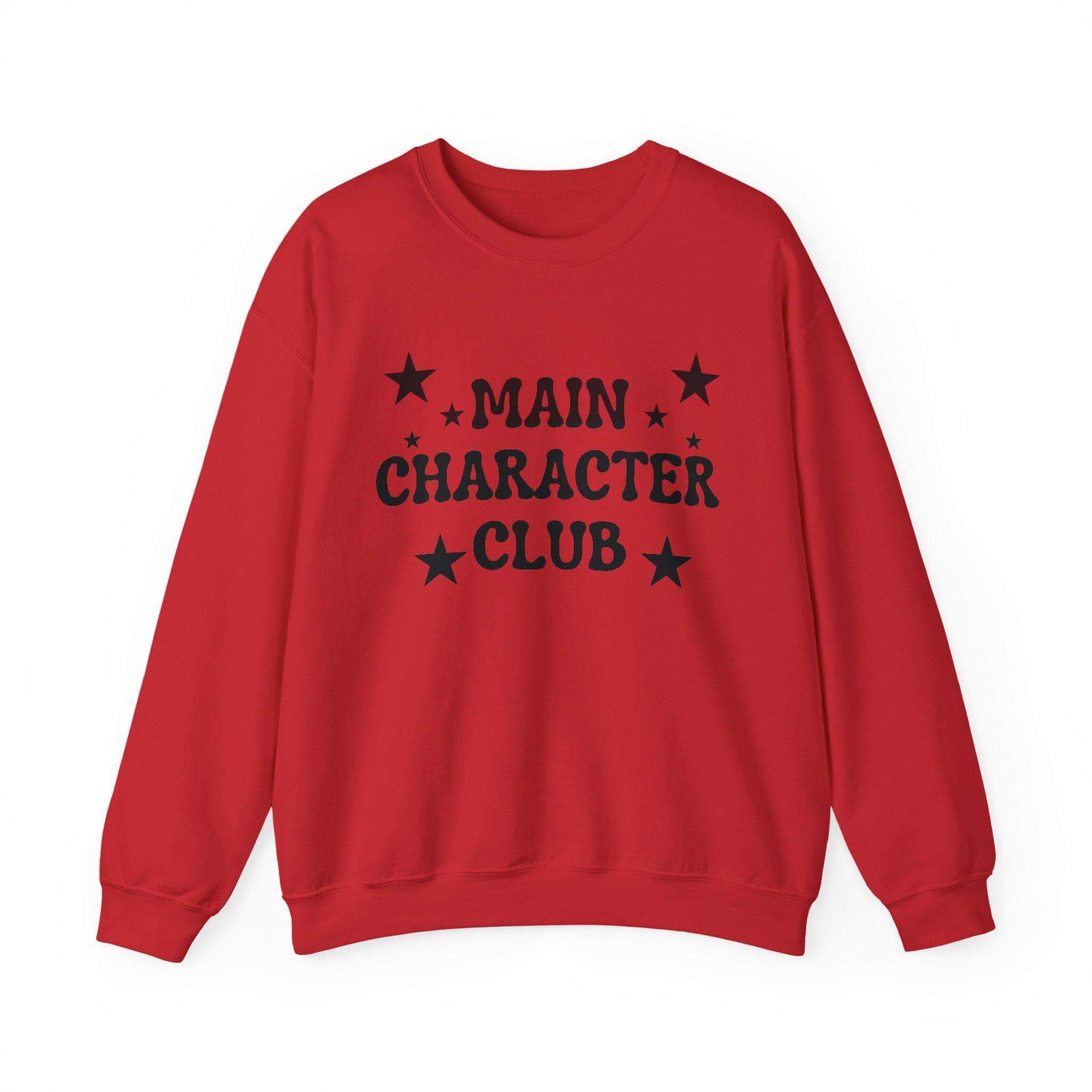 Red sweatshirt with 'MAIN CHARACTER CLUB' text and stars on a white background