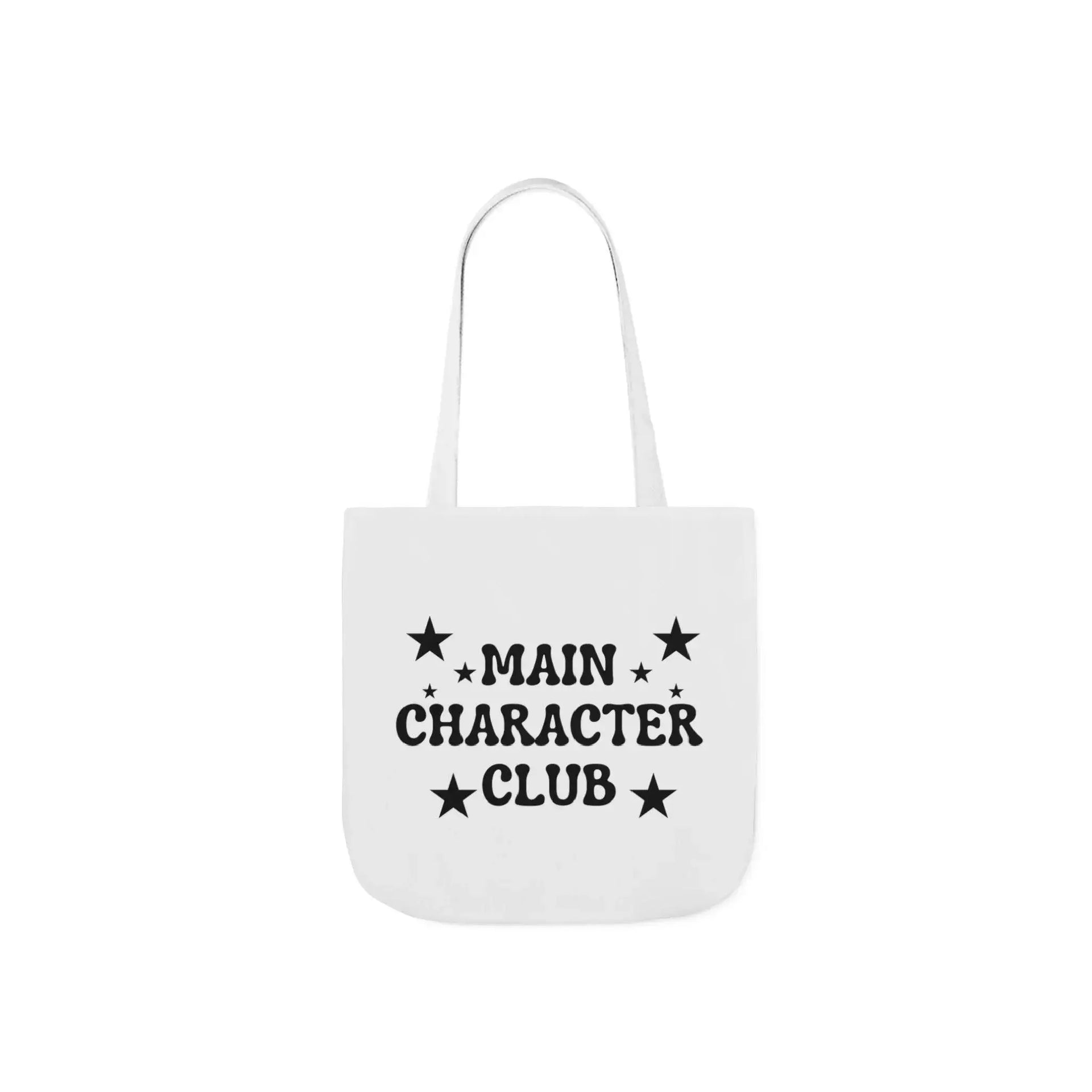 White tote bag with 'MAIN CHARACTER CLUB' text and star designs on a white background