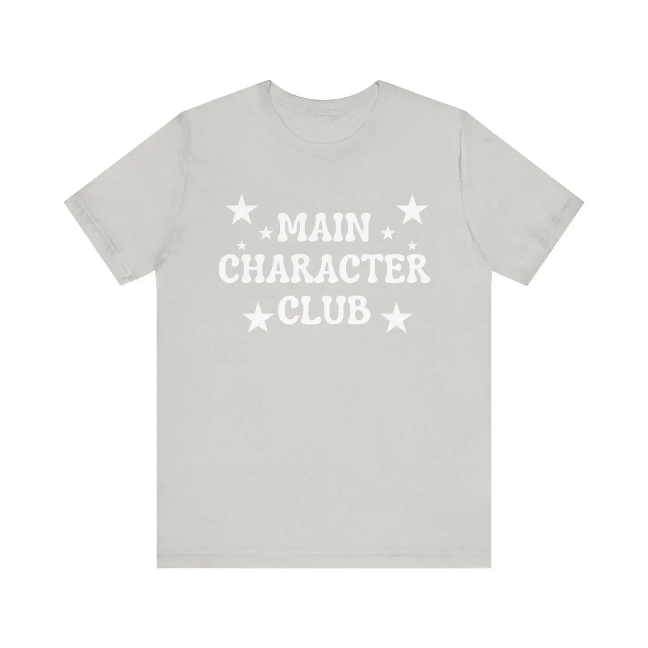 Gray t-shirt with 'MAIN CHARACTER CLUB' text and stars on a white background