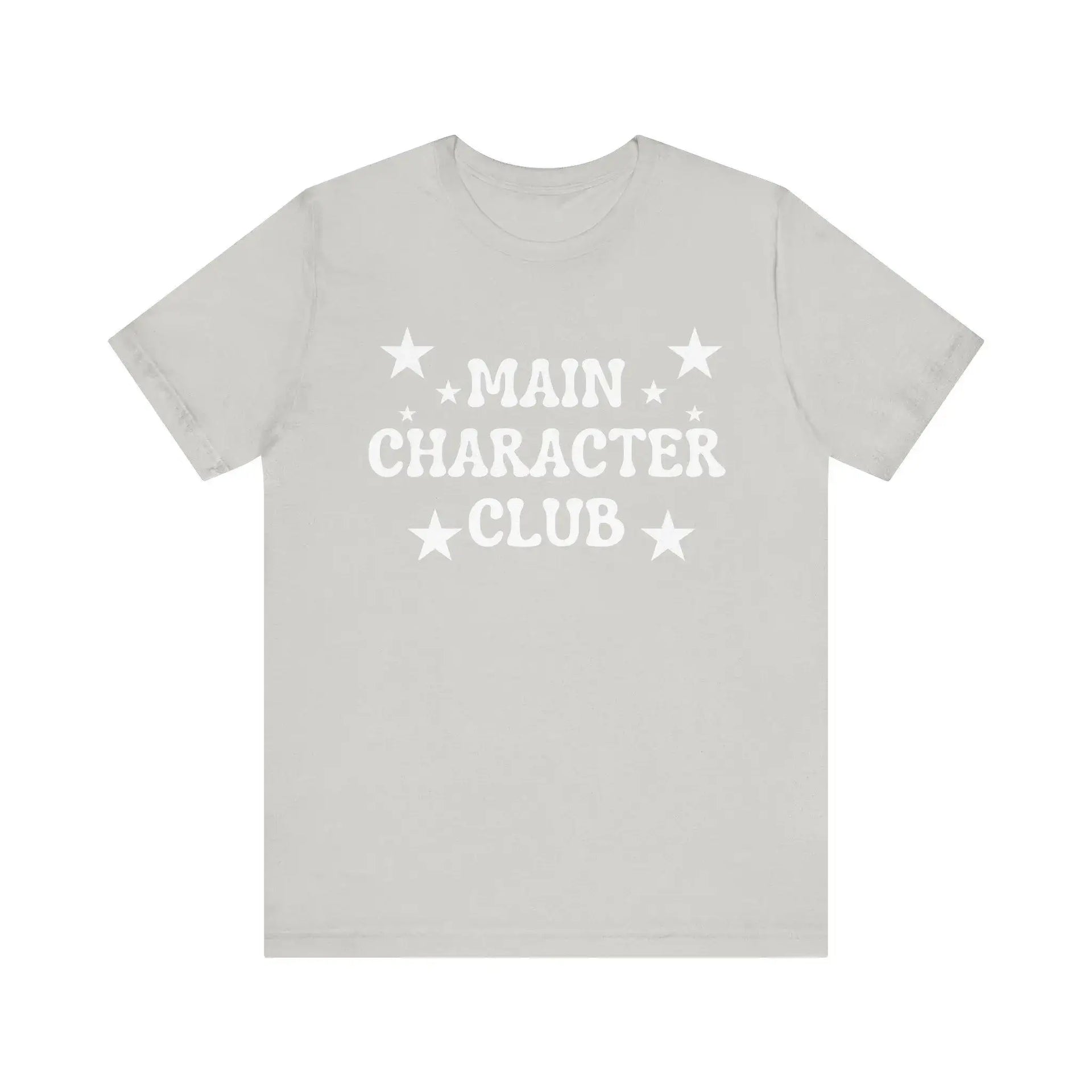 Gray t-shirt with 'MAIN CHARACTER CLUB' text and stars on a white background