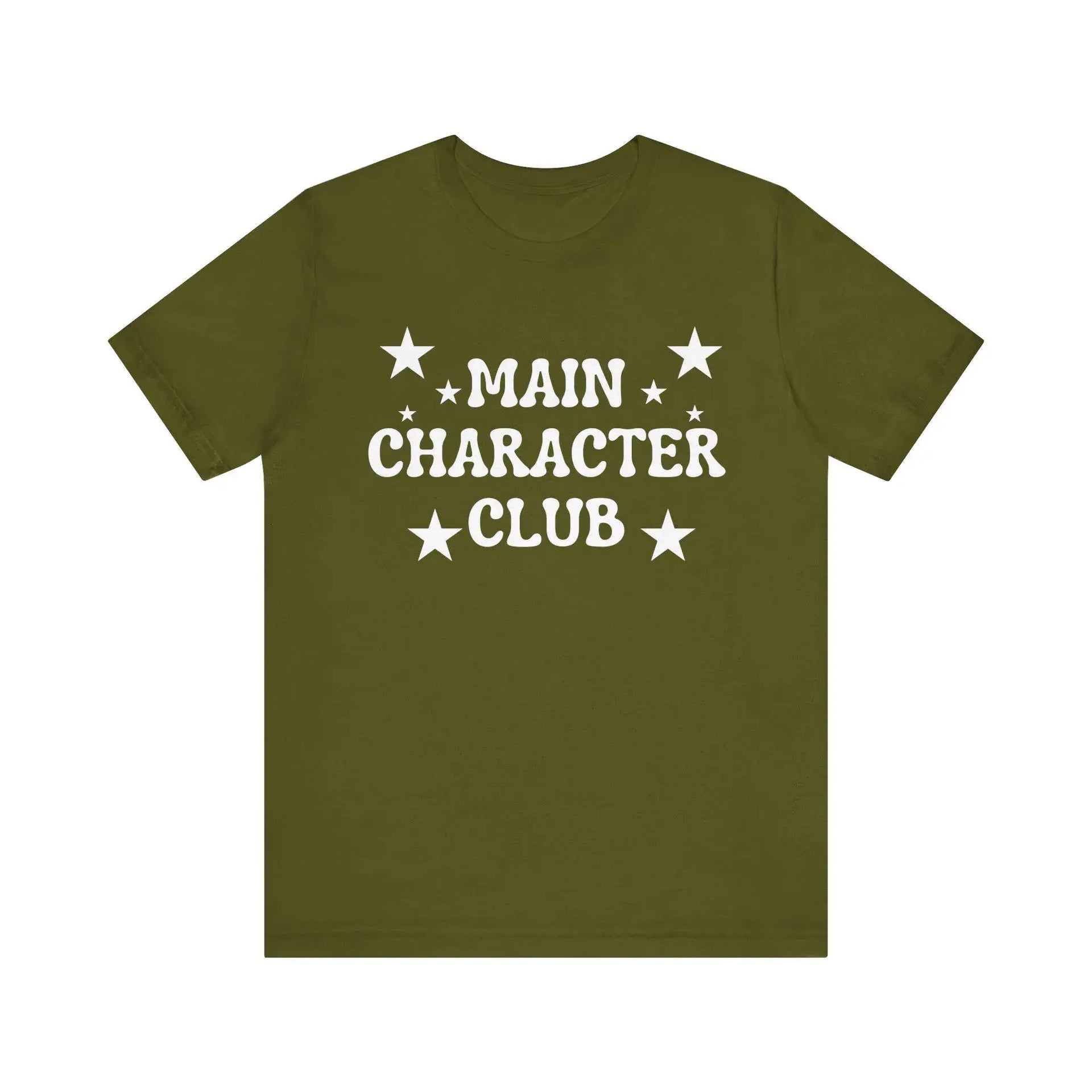 Green t-shirt with 'Main Character Club' text and stars on a white background