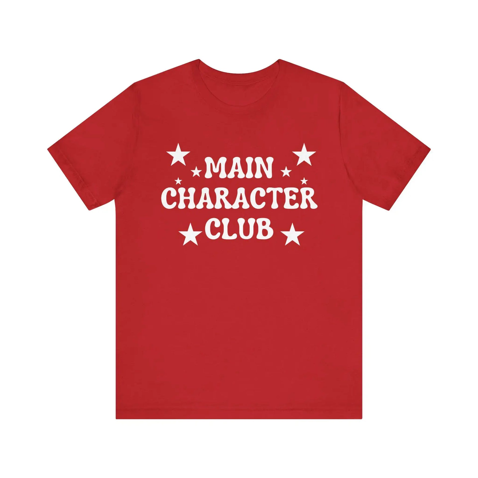 Red t-shirt with 'Main Character Club' text and stars on a white background